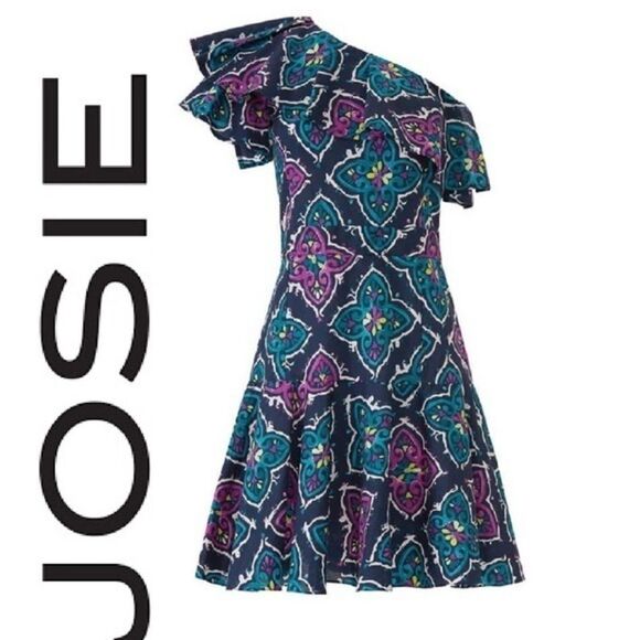 Josie Natori Festive Blue Floral Printed One shoulder ruffle dress Size 6 - Picture 3 of 14